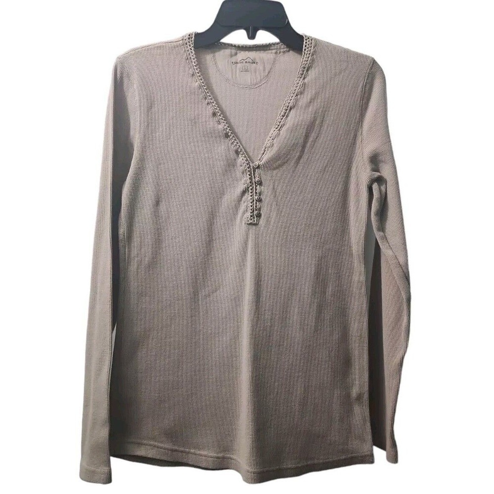 Eddie Bauer Henley Top Long Sleeve Casual Knit Shirt Beige Size L